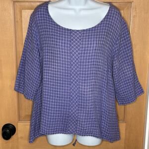 Linnea Artsy Linen Blend Top S Purple Pullover Textured Ruched 3/4 Sleeves